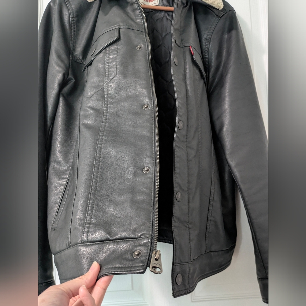 Levi Black Faux Leather Jacket with Cream Sherpa Collar - Picture 5 of 10